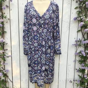Lucky Brand Florence Border Print Dress Womens XL Long Sleeves Buttons Boho-Chic